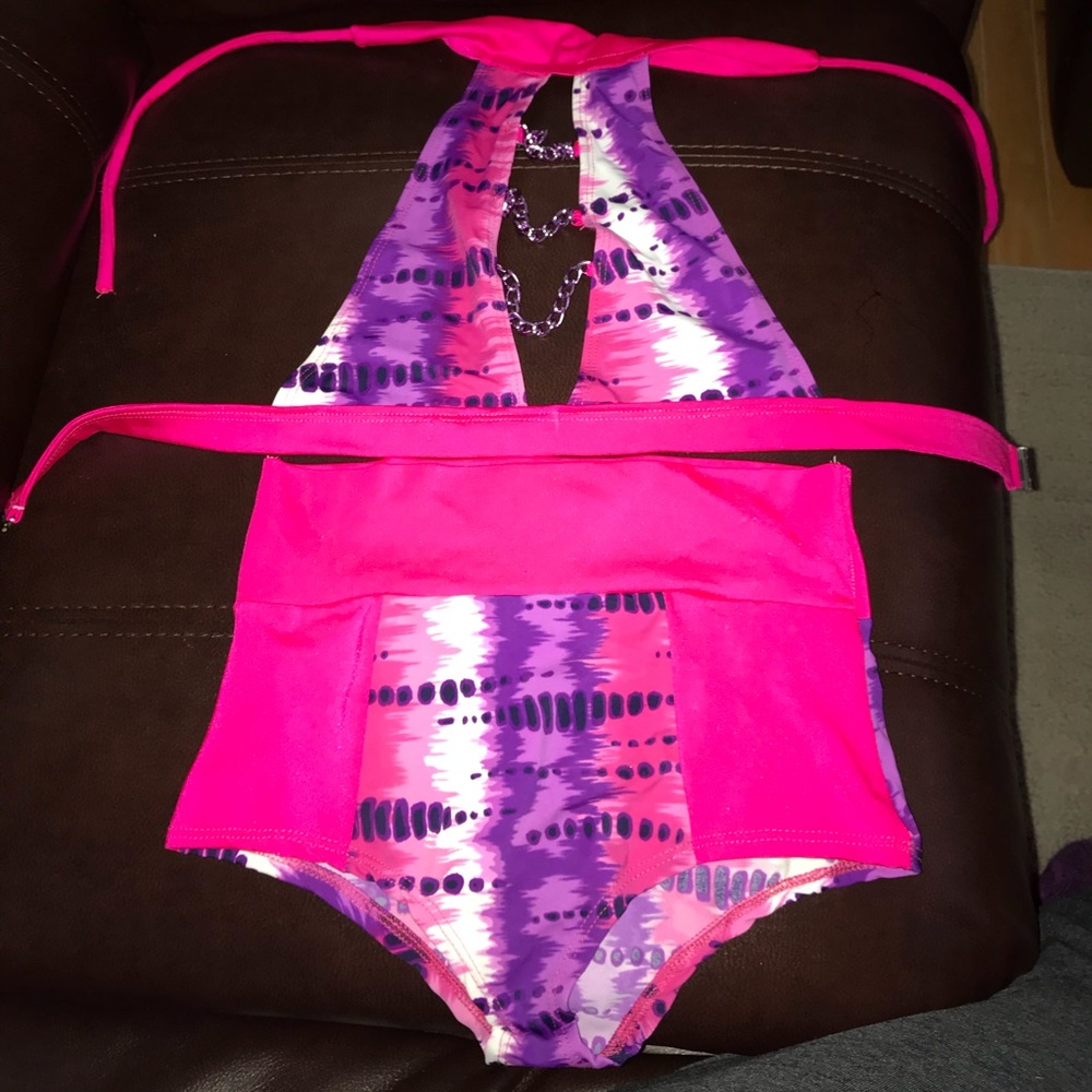 Pink purple tie dye rave chain 2 piece high waist